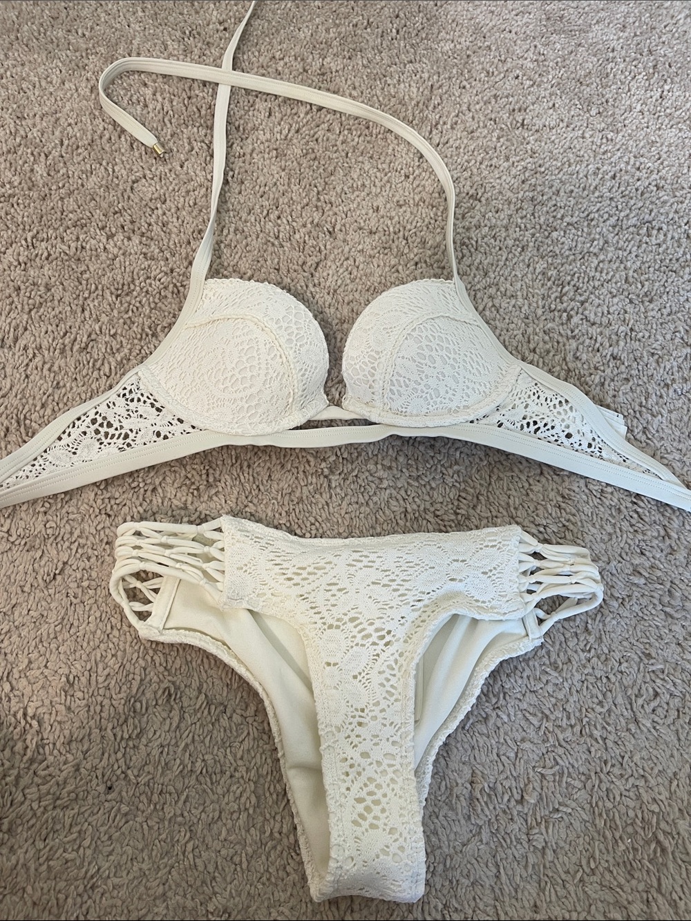 Crochet Lace Halter push up Bikini Set - Ivory